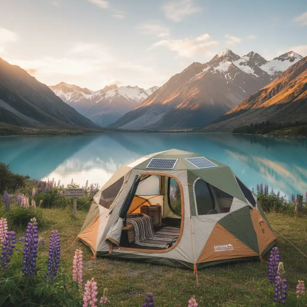 Eco-friendly camping tent by a lake in New Zealand