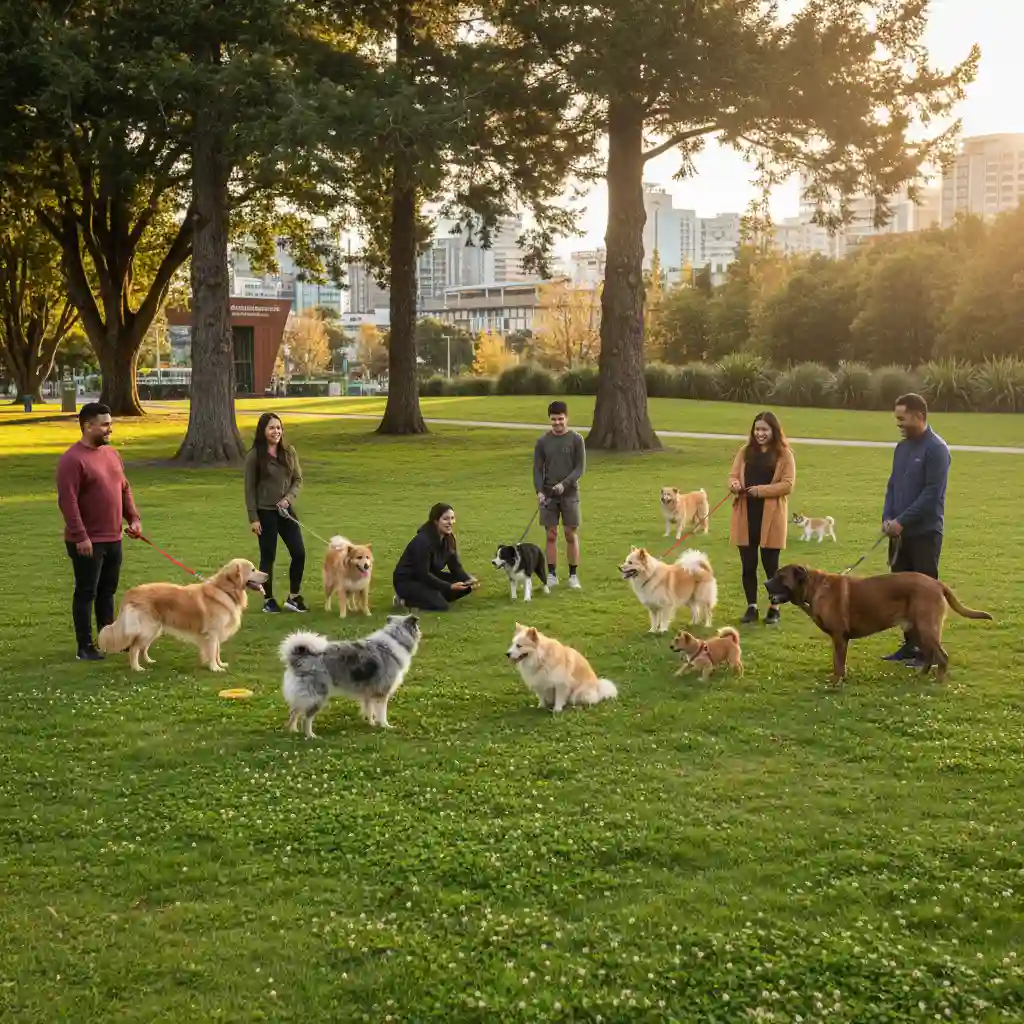 Clean urban park in New Zealand free of pet waste, showcasing community success