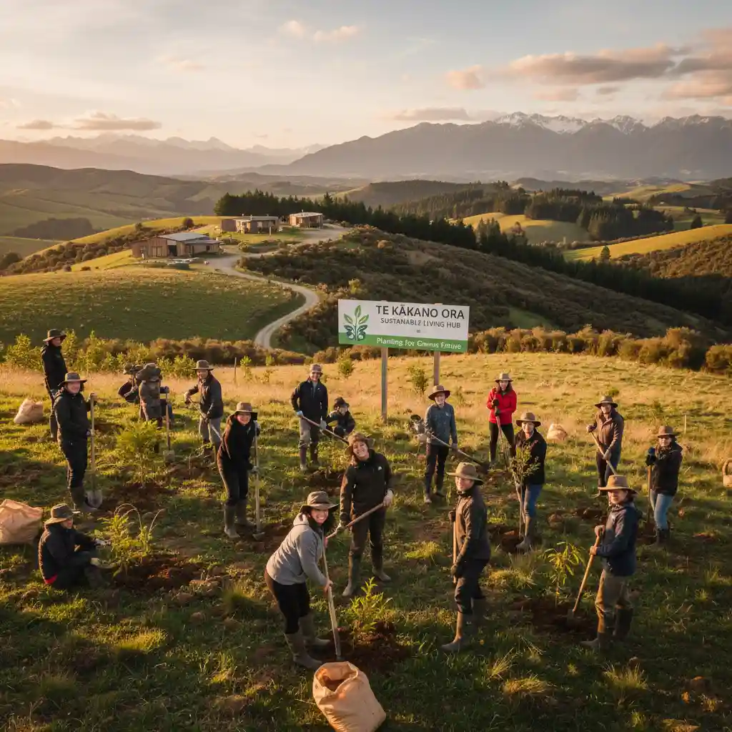 Volunteers planting native trees in New Zealand, contributing to conservation and habitat restoration