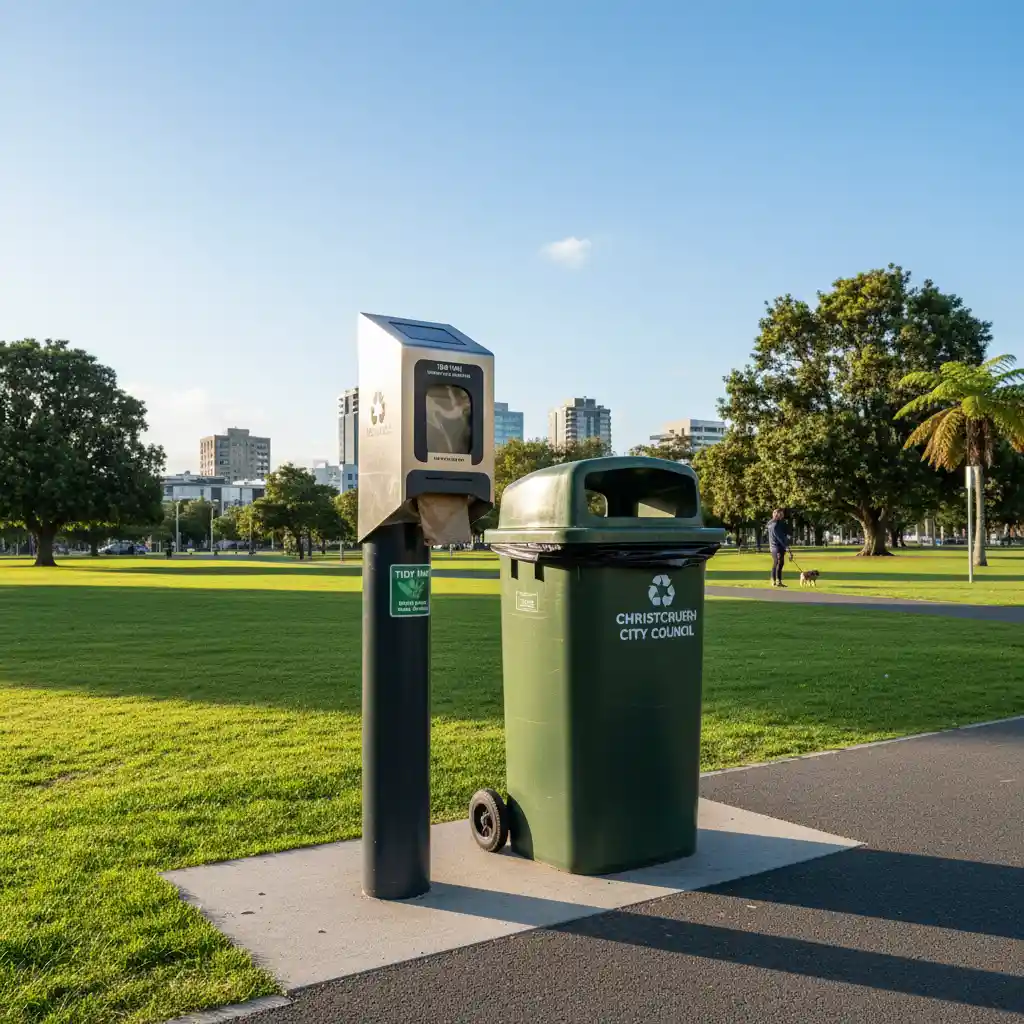 Public pet waste station with bag dispenser and bin in a New Zealand park
