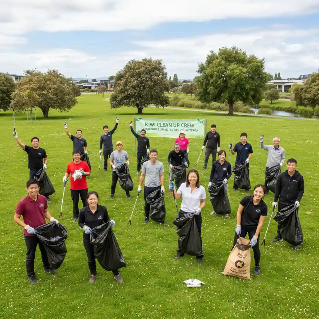 Community volunteers collecting pet waste during a park cleanup day in NZ