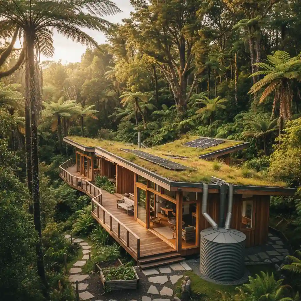 Sustainable lodge blending with New Zealand nature, showcasing eco-friendly design