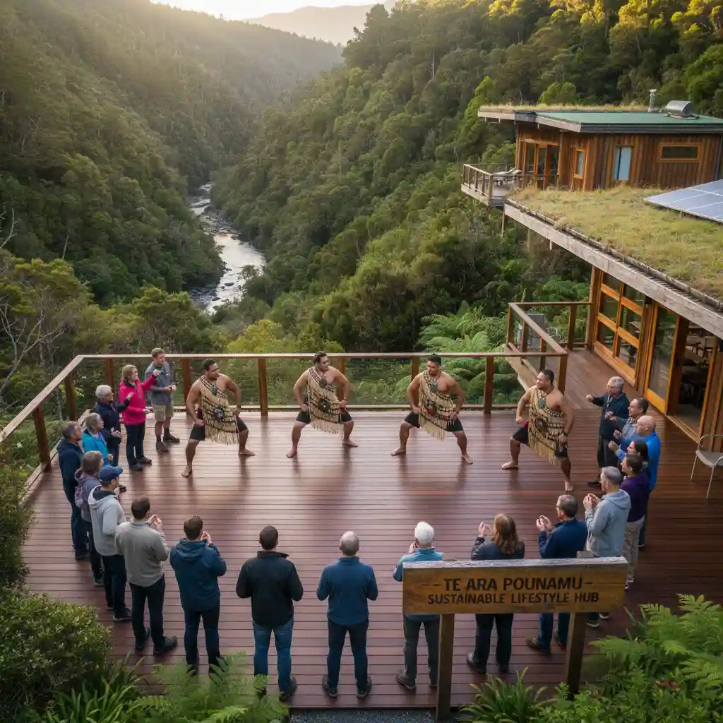 Tourists engaging in authentic Māori cultural experience at sustainable lodging
