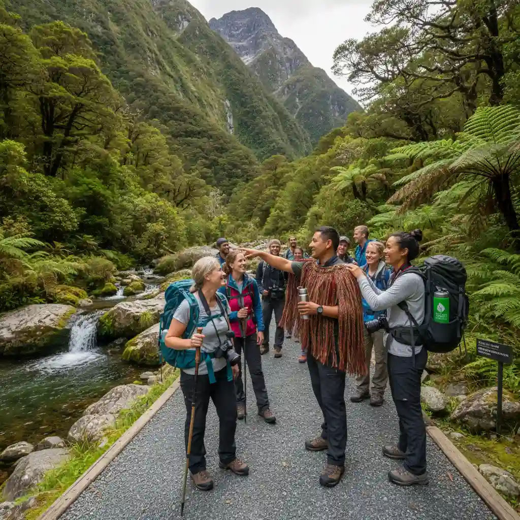 Responsible travellers hiking with local guide in New Zealand national park