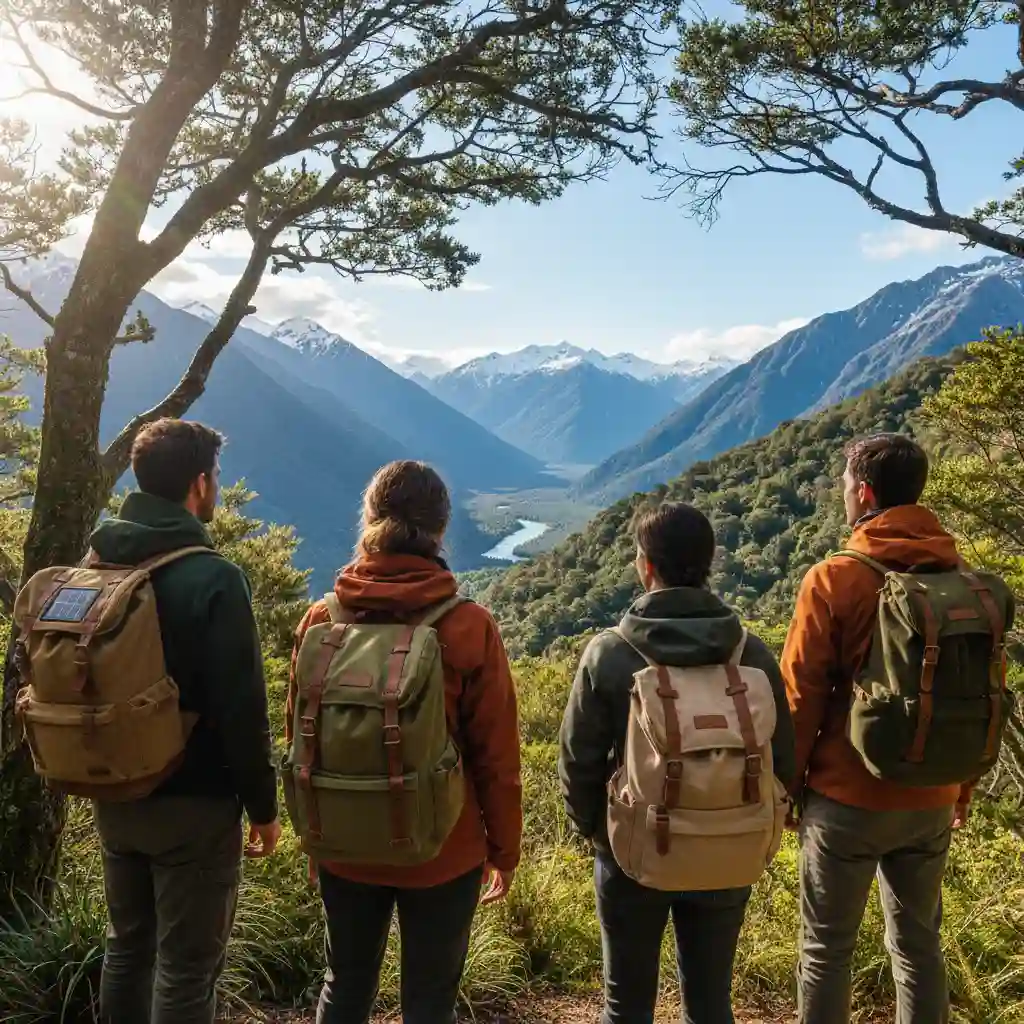 Hikers wearing eco-friendly outdoor gear in a New Zealand landscape
