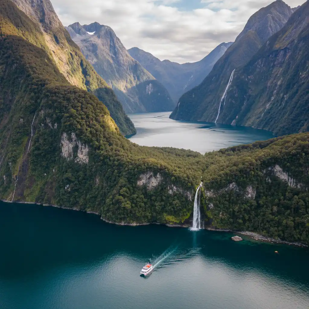 Stunning aerial view of Milford Sound, New Zealand, representing pristine natural beauty requiring sustainable tourism