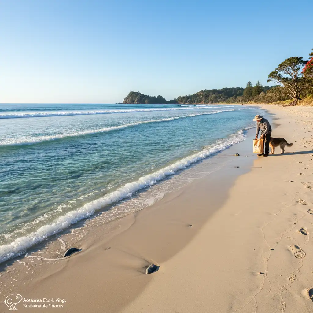 Clean New Zealand beach with responsible dog owner picking up waste
