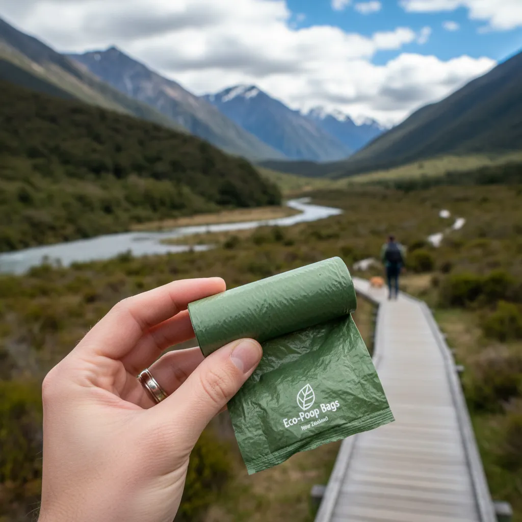 Hand holding compostable dog waste bags in a park