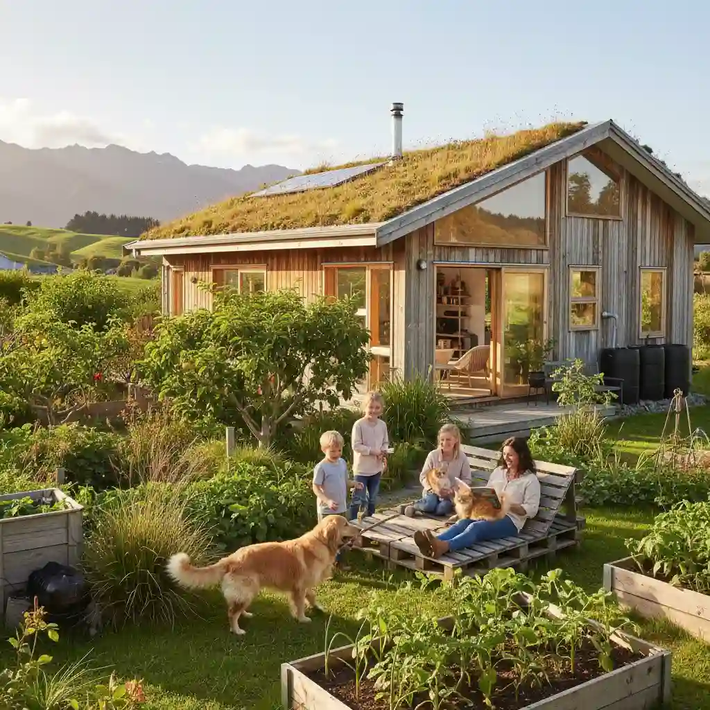 Family enjoying pets in a sustainable home environment
