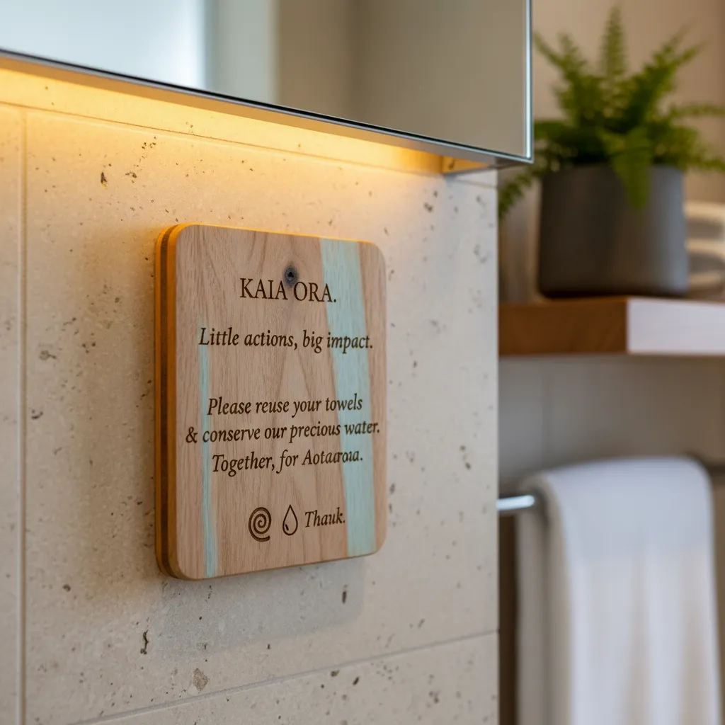 Subtle sign in hotel bathroom encouraging water conservation