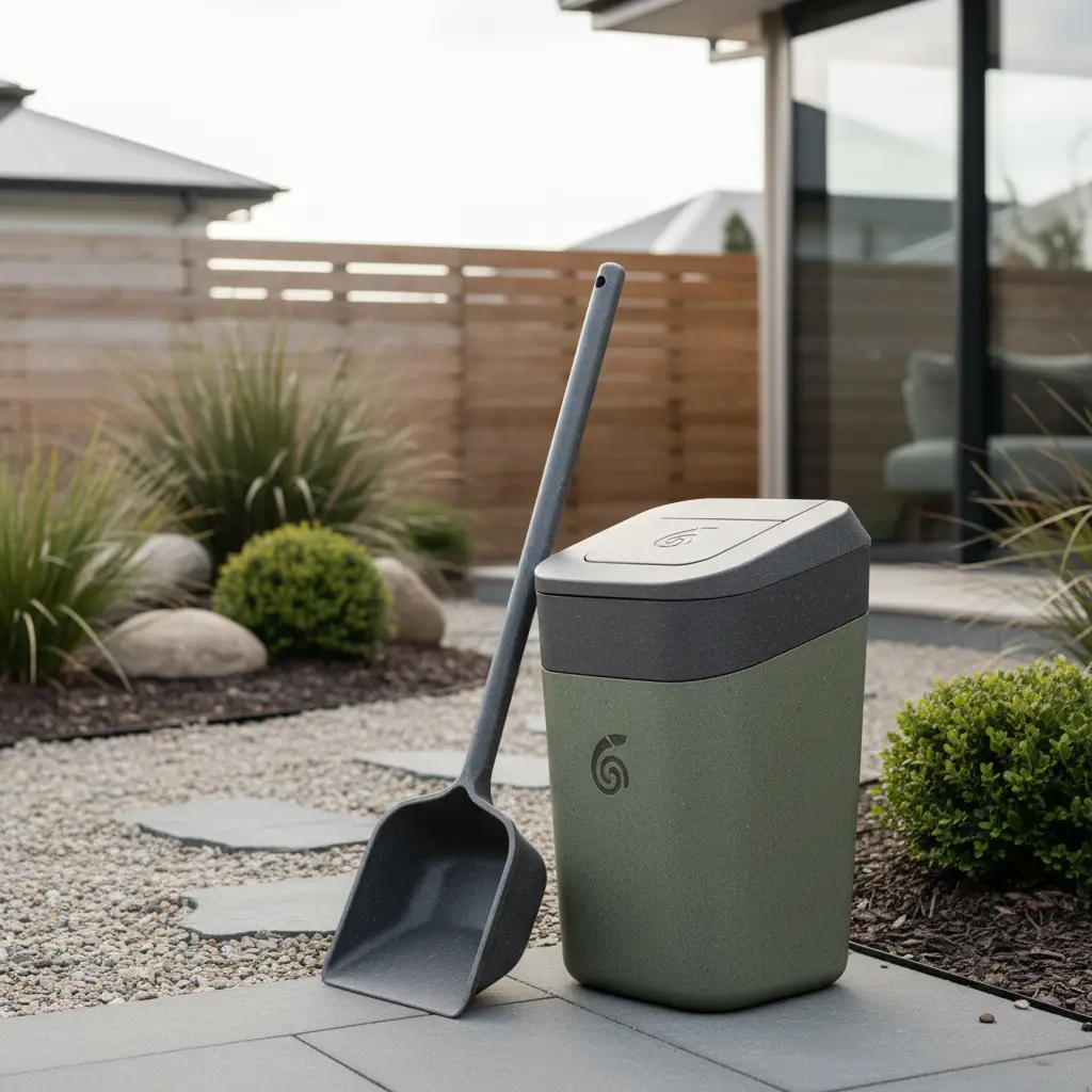 Eco-friendly pet waste scooper and bin made from recycled materials