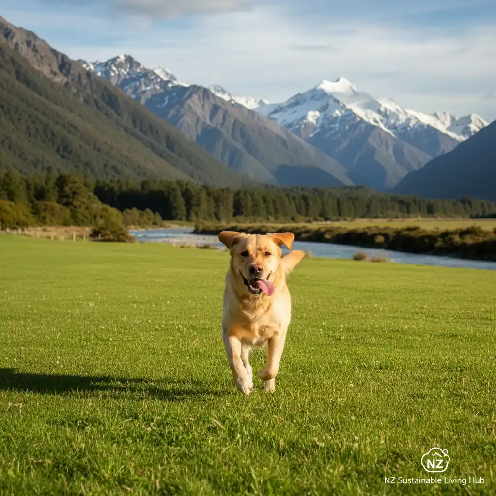 Happy dog enjoying a sustainable lifestyle in New Zealand, boosting pets health