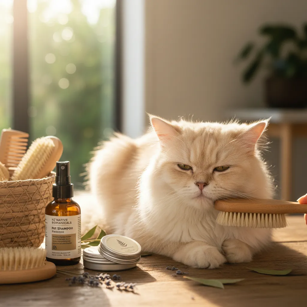 Cat being groomed with eco-friendly grooming products, promoting pet health