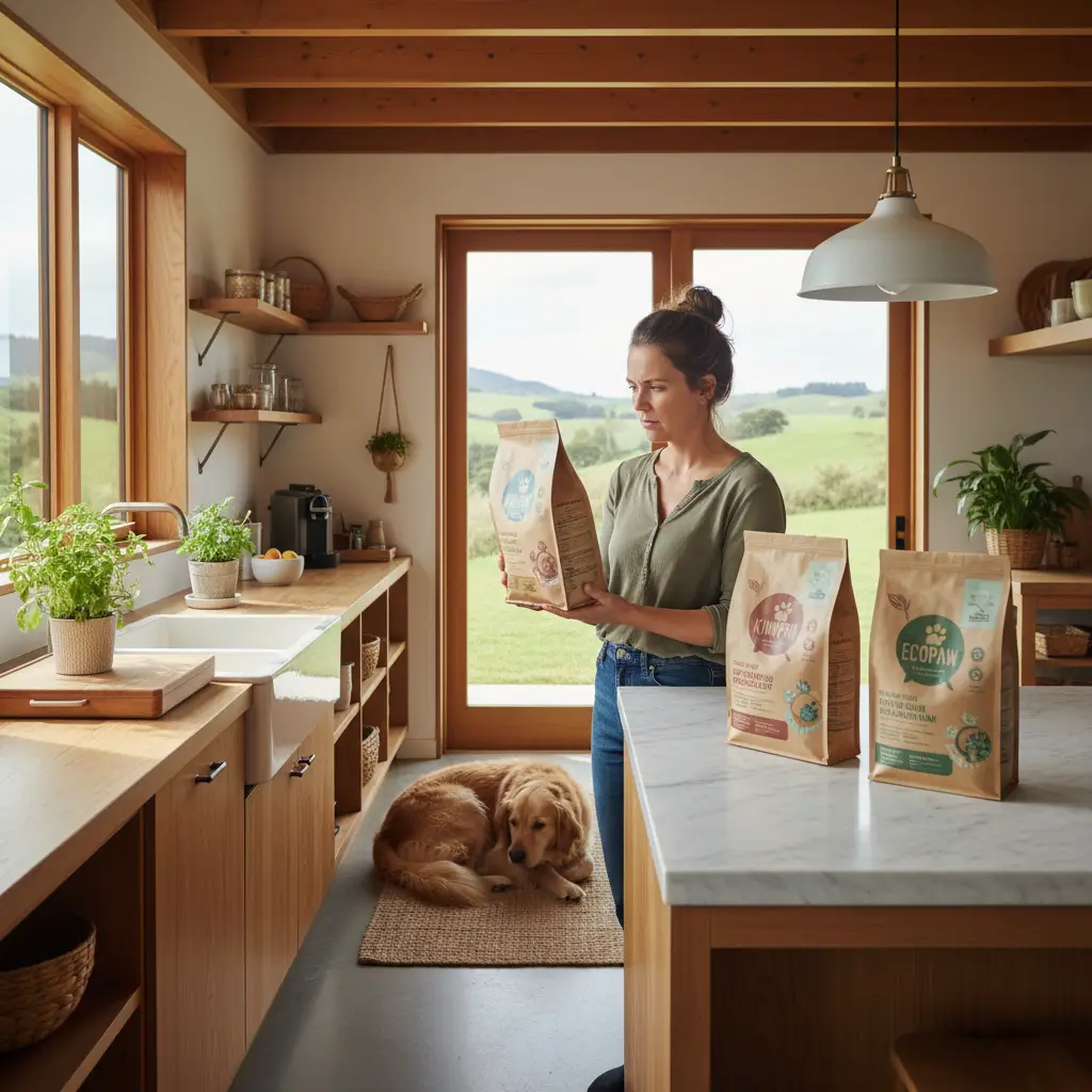 Pet owner choosing eco-friendly pet food in New Zealand