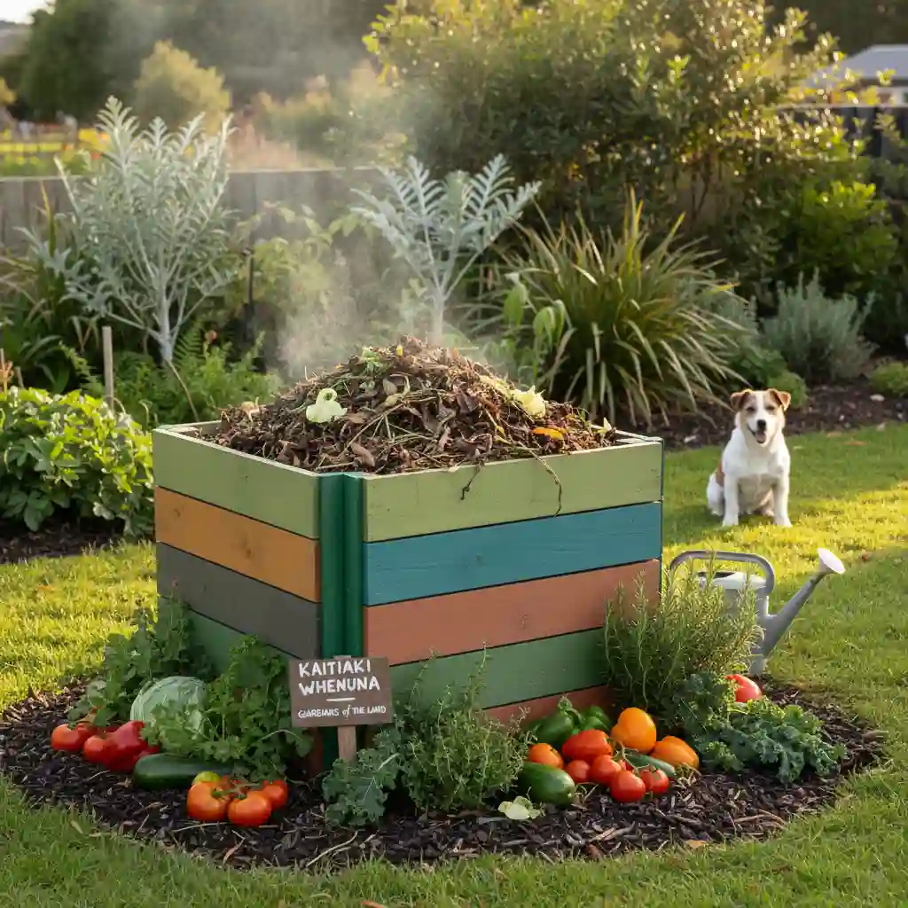 A clean, effective pet waste compost bin in a garden
