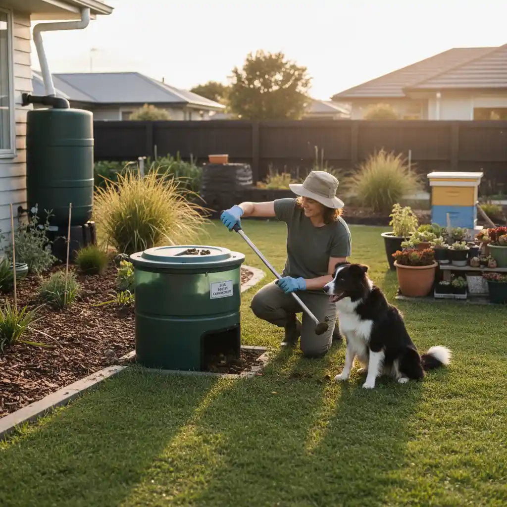 Responsible pet owner composting dog waste