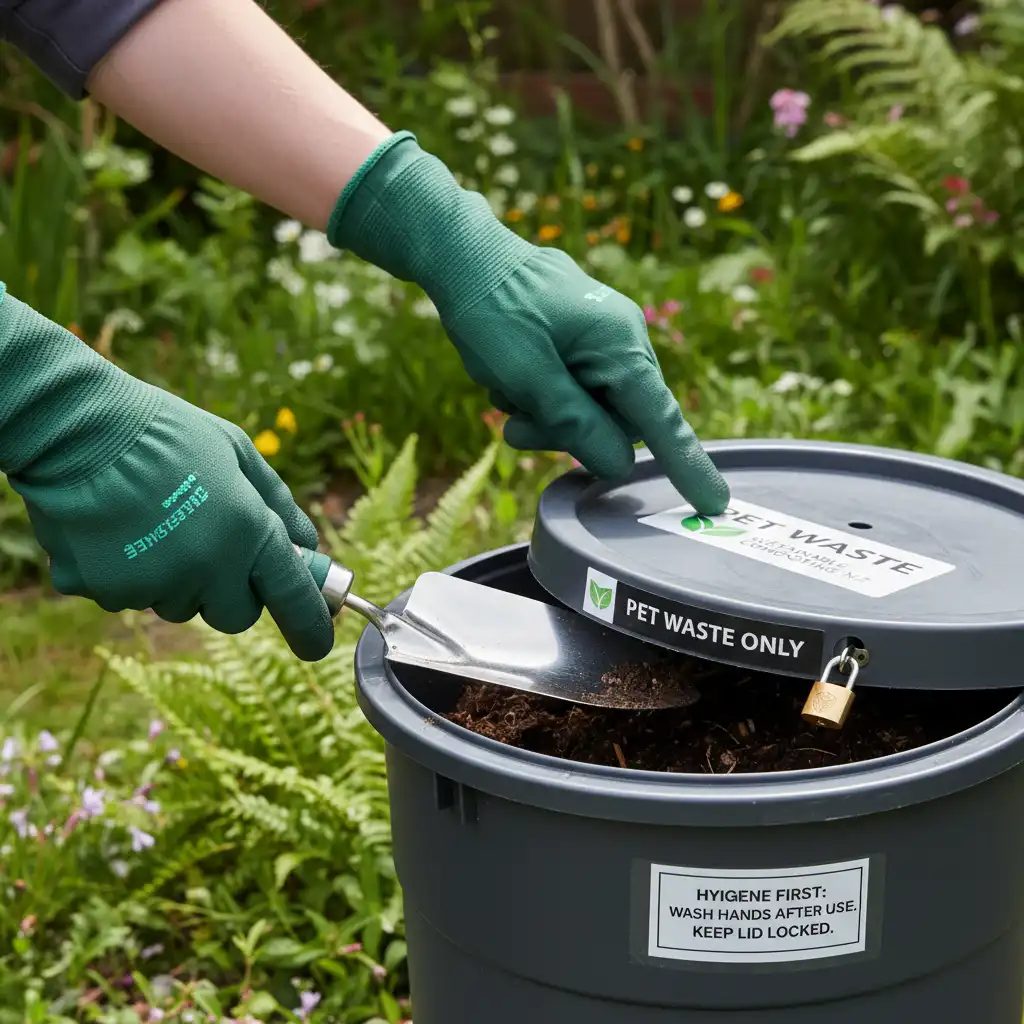 Person wearing gloves while handling pet waste compost