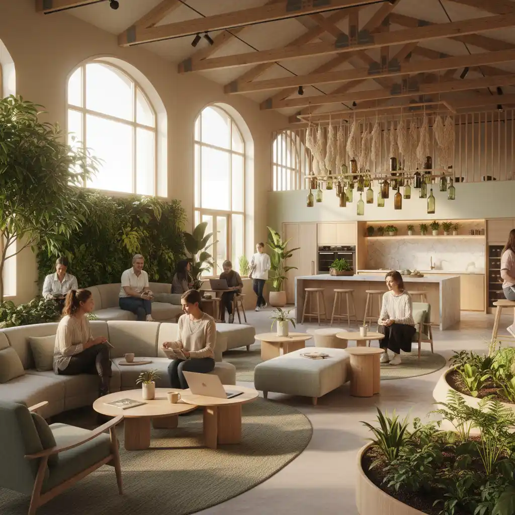 People enjoying sustainable accommodation design benefits