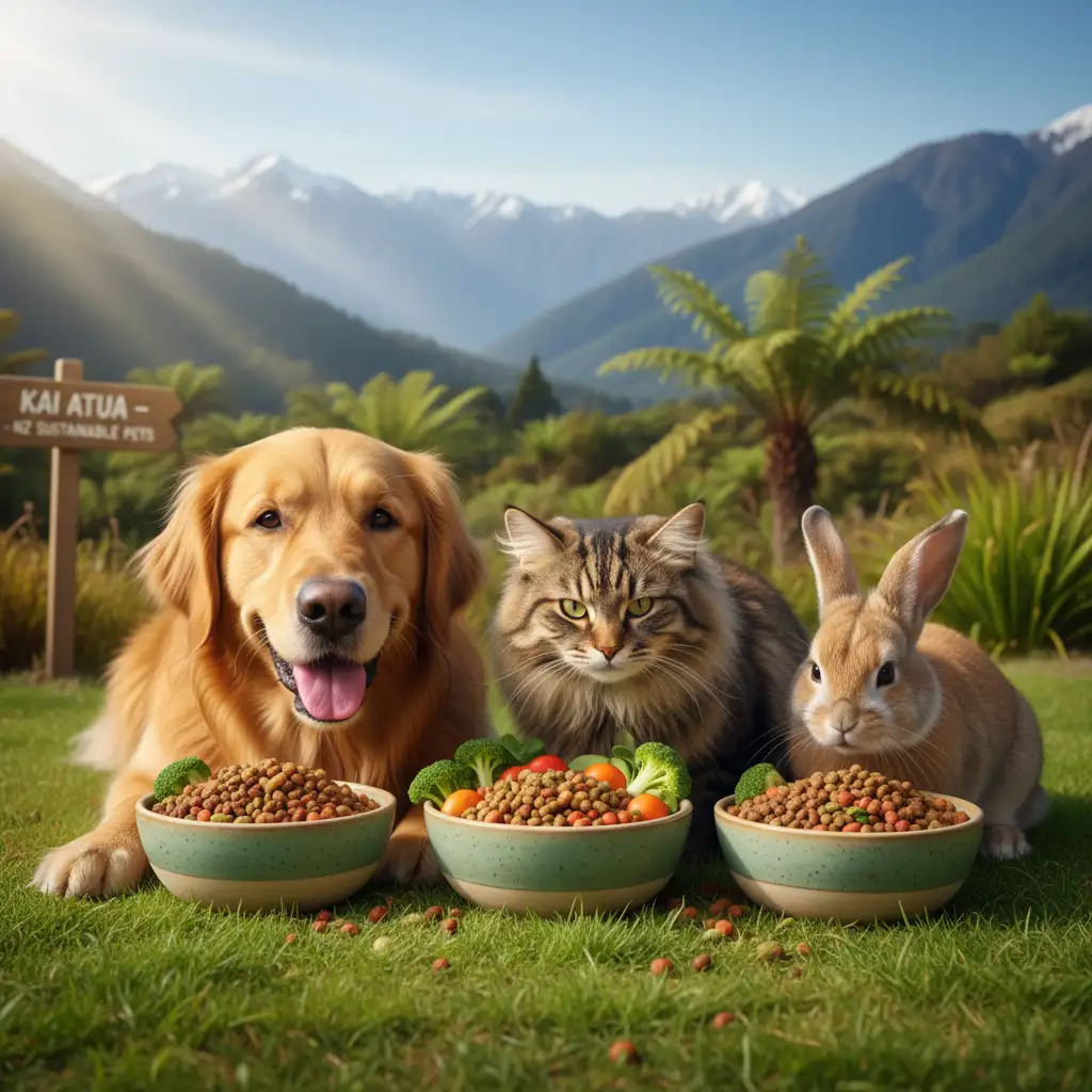 Happy pets eating sustainable pet food in a New Zealand setting