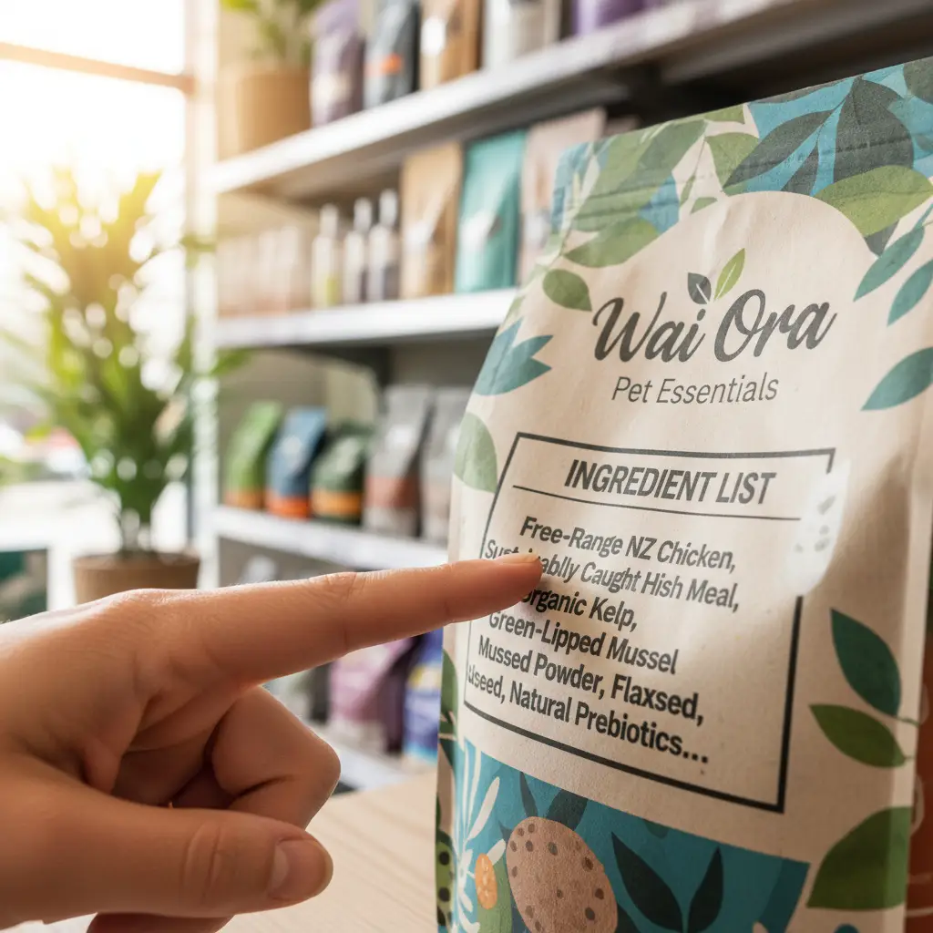 Consumer examining a pet food ingredient list and certifications