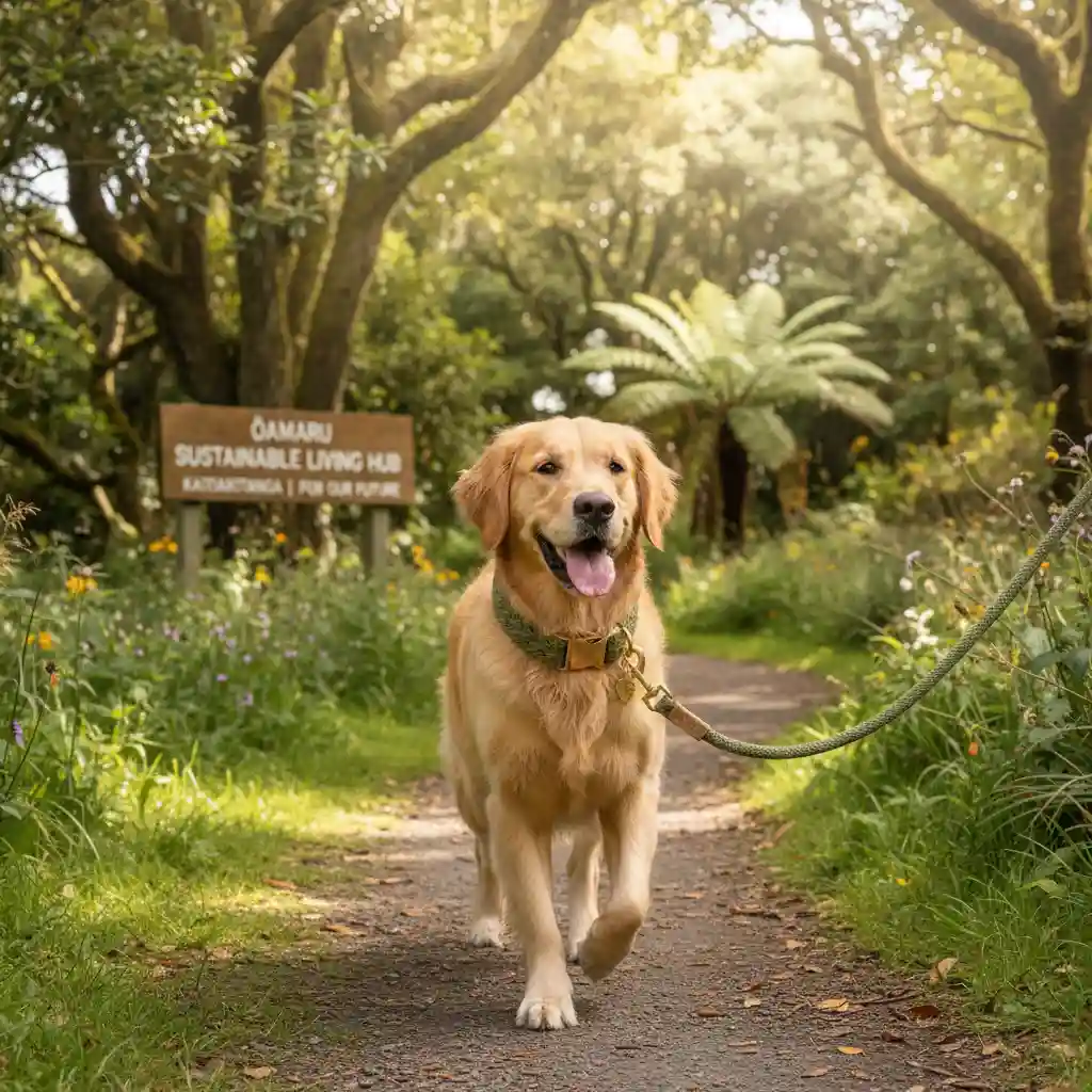 Happy dog wearing eco-friendly pet accessories in a New Zealand park