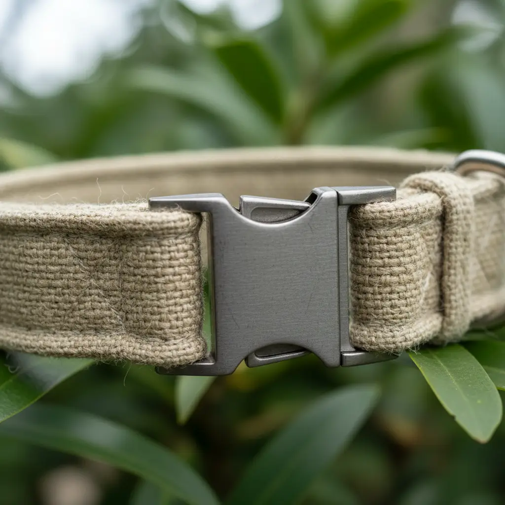 Close-up of a sustainable hemp dog collar