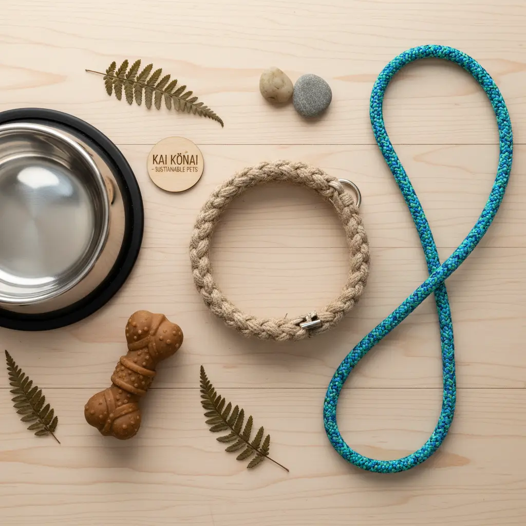Assortment of sustainable pet accessories including collars and leashes