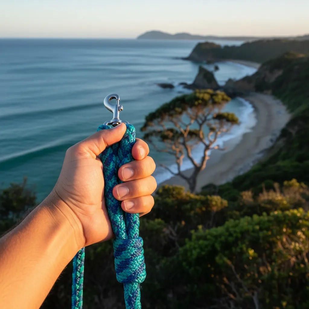 Person holding a sustainable recycled leash with ocean view