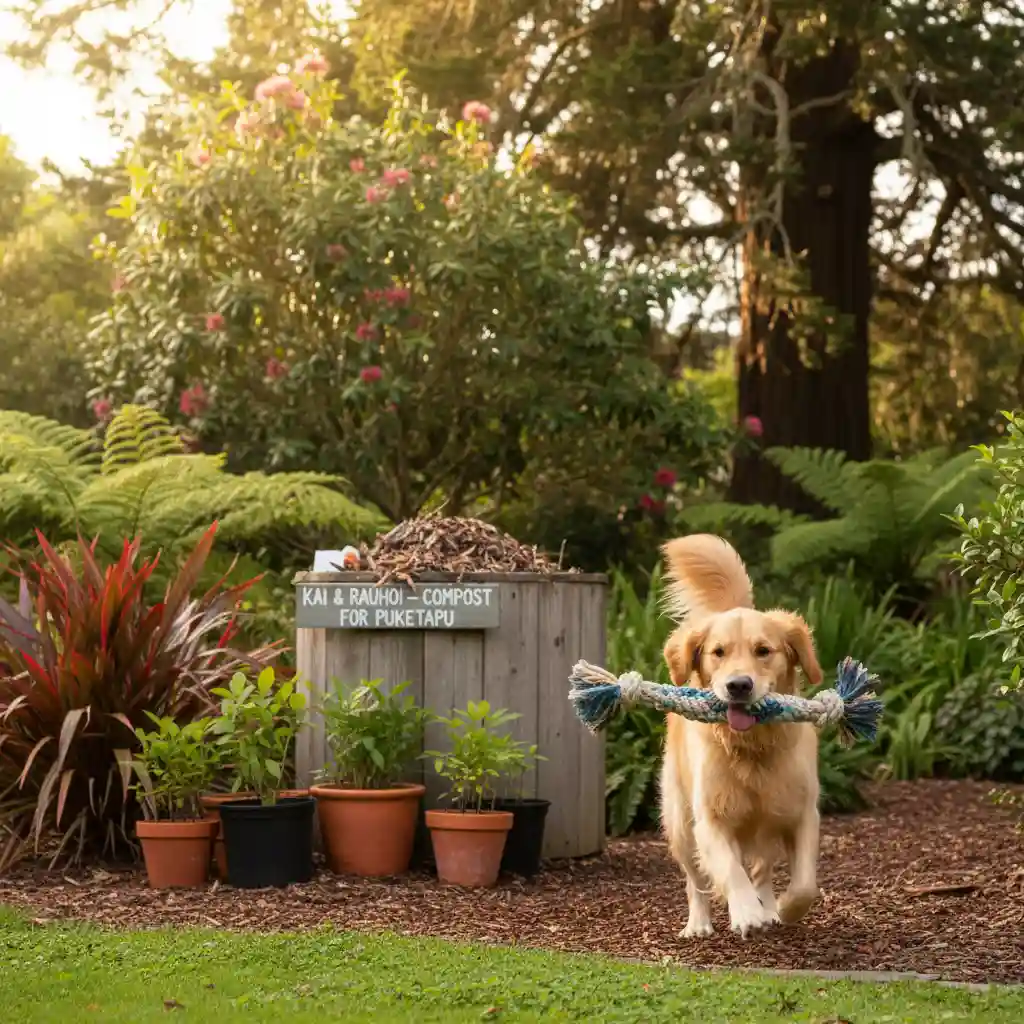 Dog playing with eco-friendly toy in a sustainable New Zealand garden