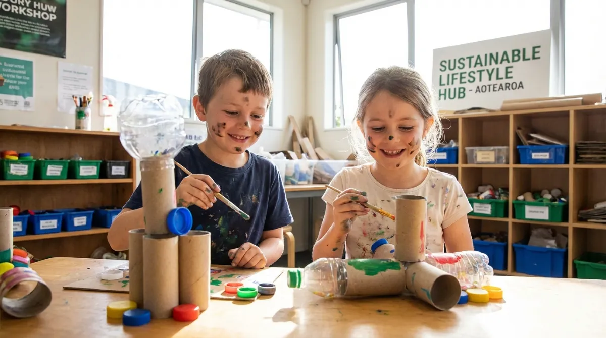 Kids making upcycled art from cardboard and plastic to teach sustainability