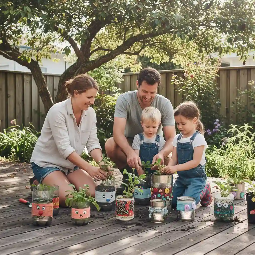 Family planting in upcycled bottles, teaching kids sustainability