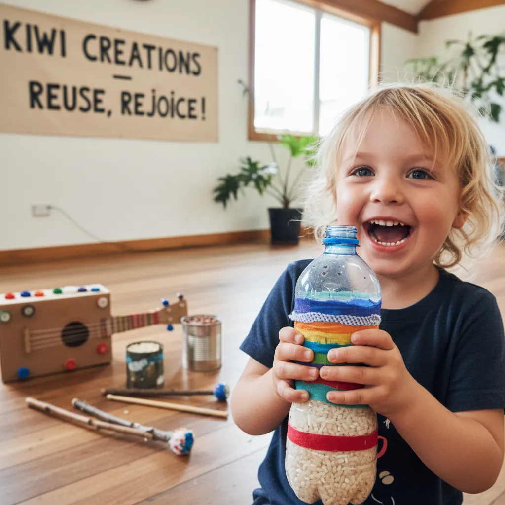 Child playing DIY musical instruments made from waste to teach sustainability