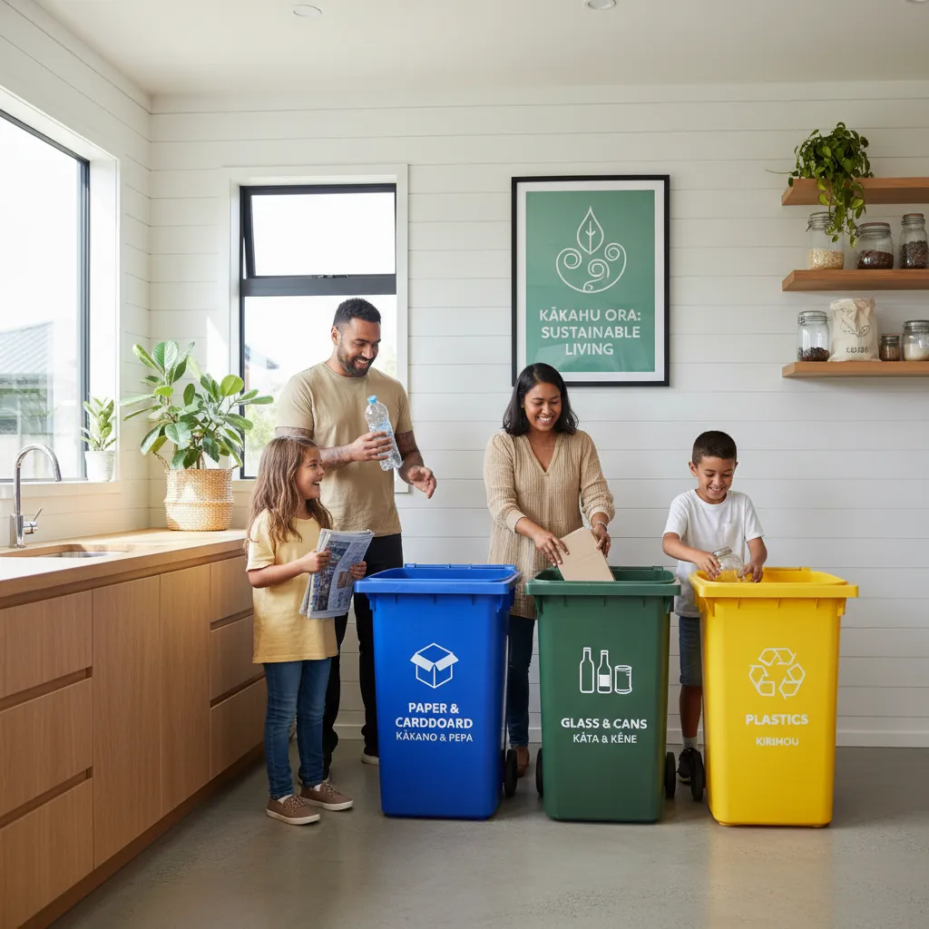 Kids sorting recycling in a bright home, an everyday lesson in sustainability