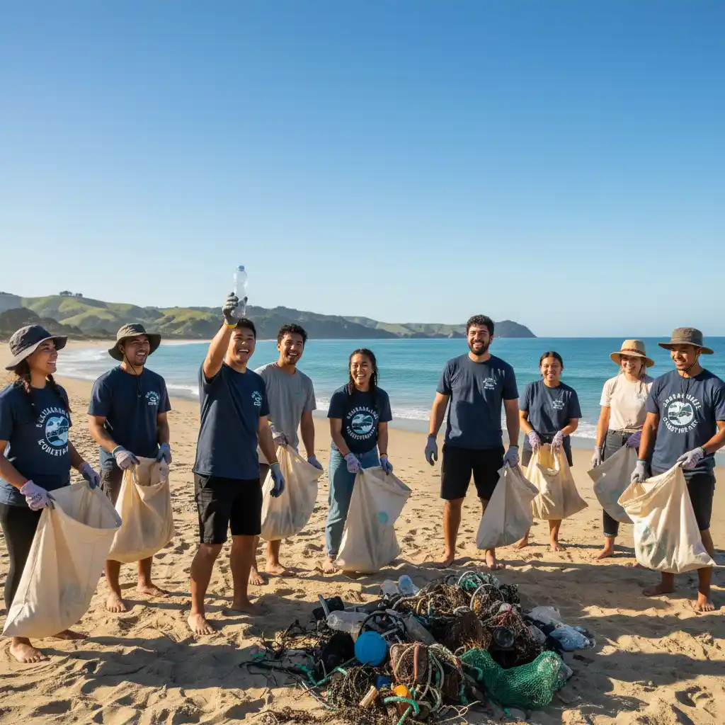 Volunteers engaged in a beach clean-up, demonstrating eco-friendly impact and conservation