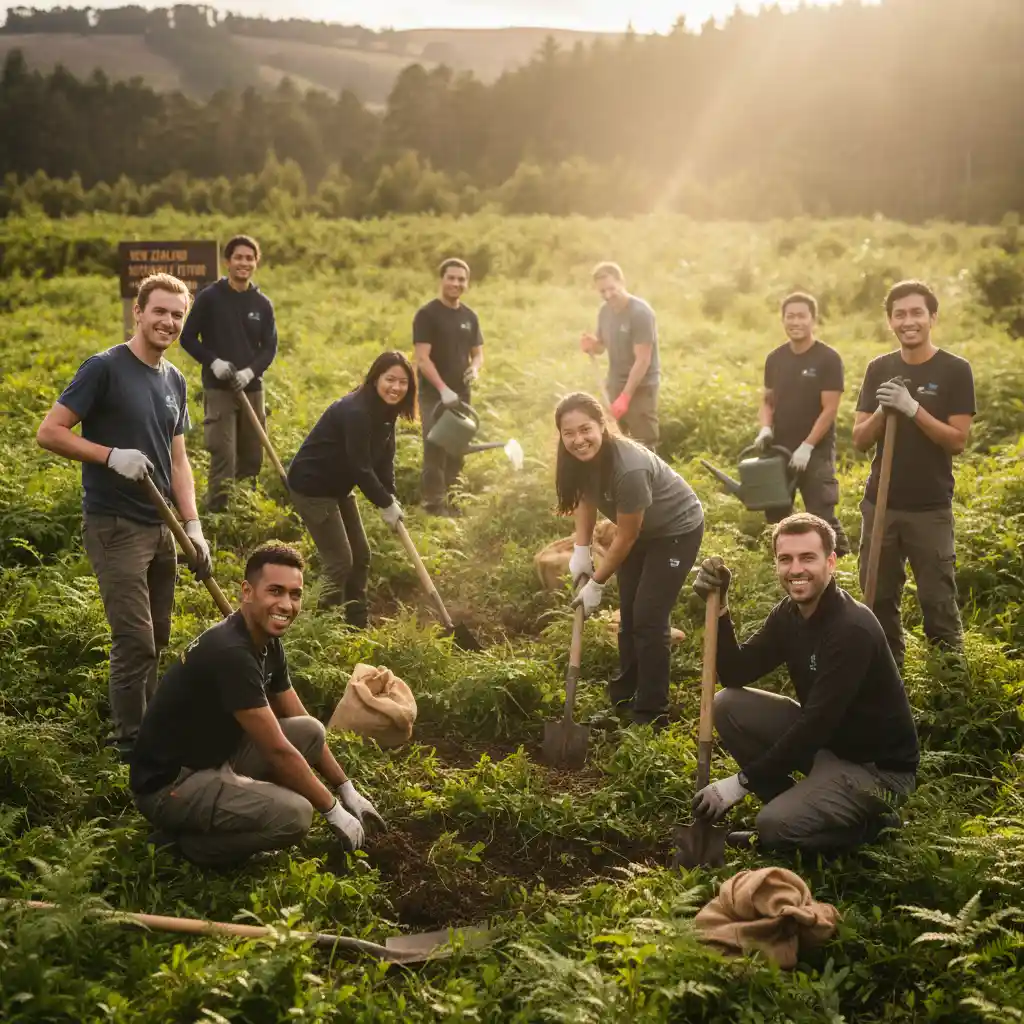 Volunteers planting trees for reforestation, showcasing conservation and eco-friendly impact