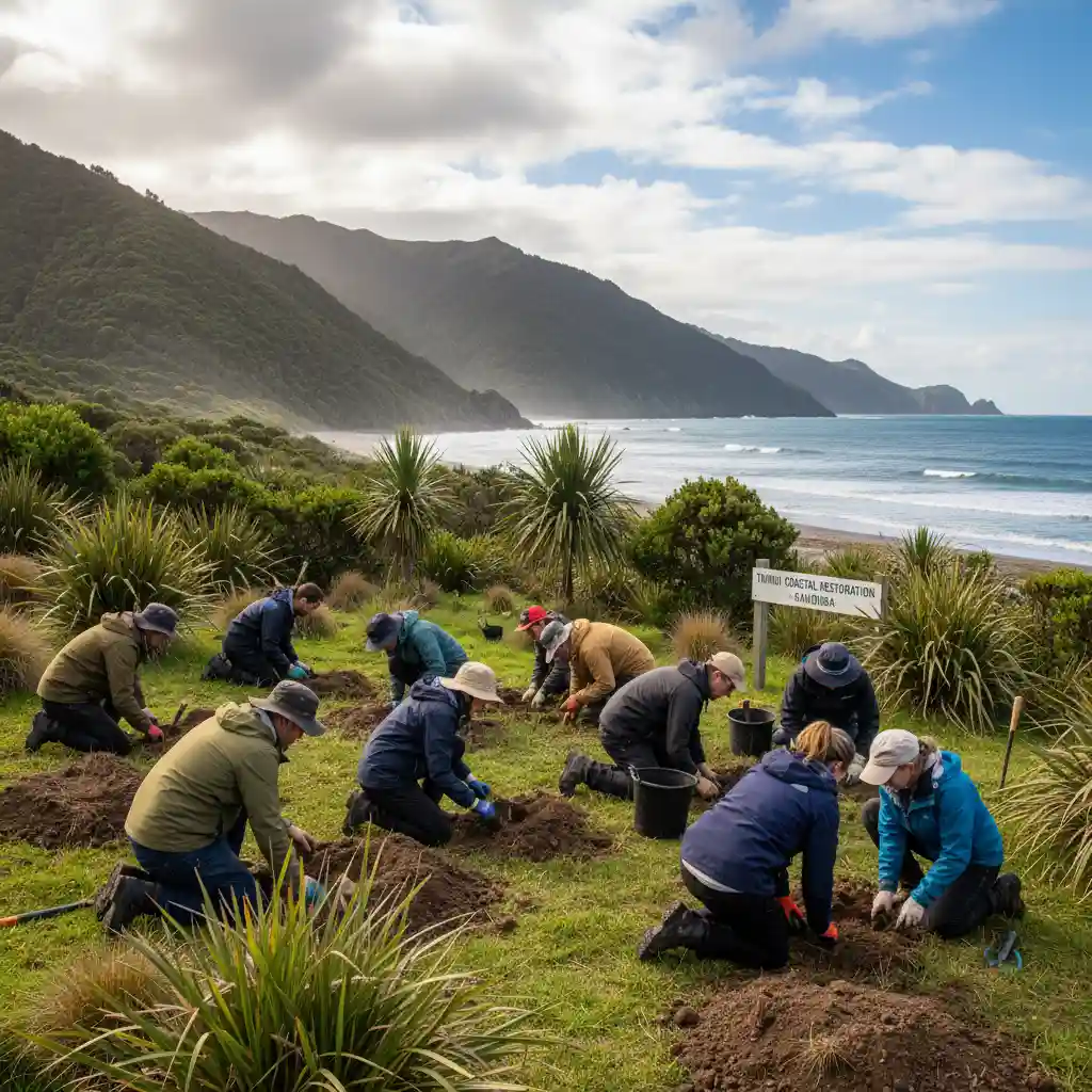 Volunteers restoring native New Zealand flora in a coastal conservation project