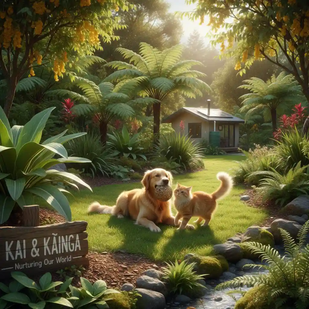 Happy dog and cat in a green garden – symbol of eco-friendly pet care