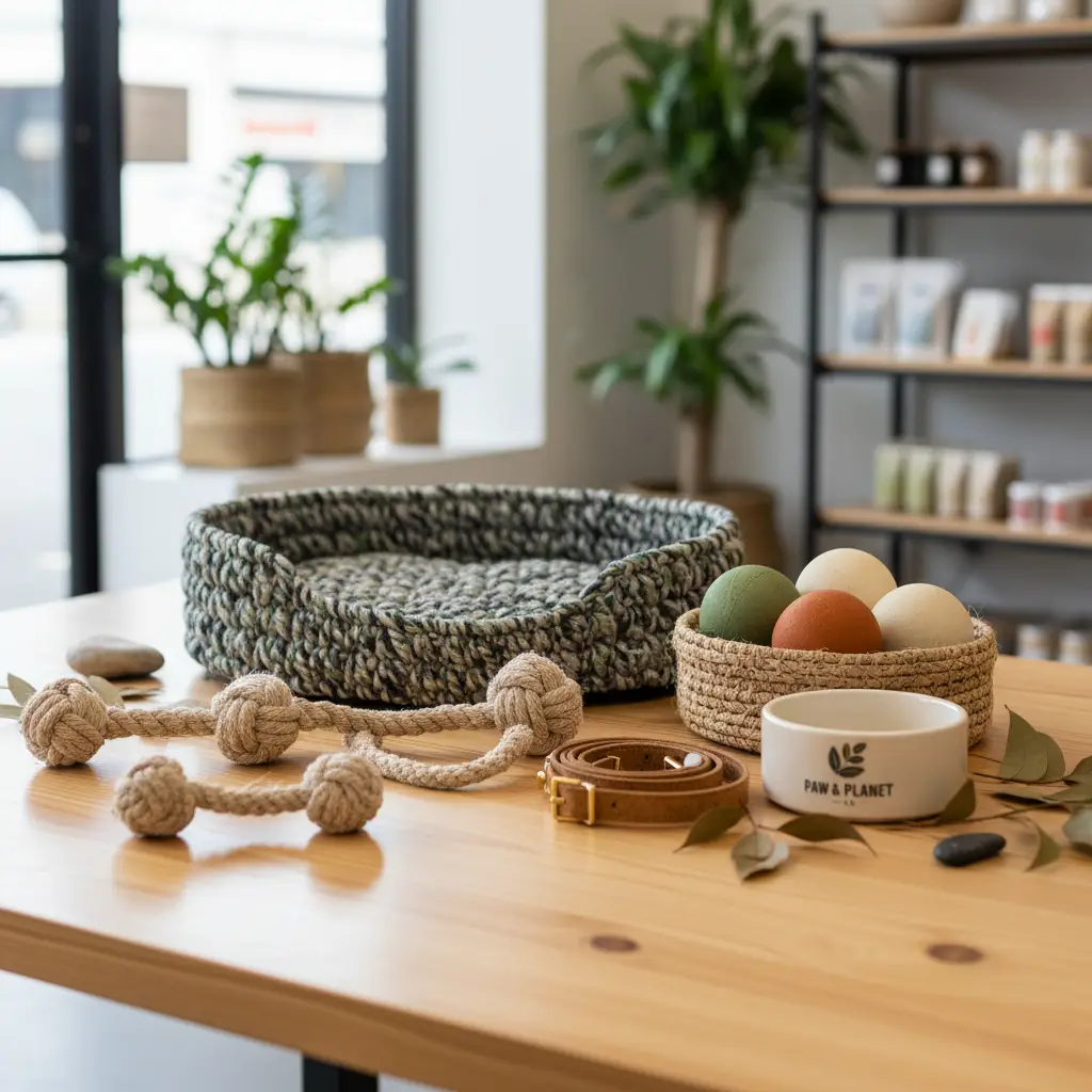 Assortment of sustainable pet toys and accessories