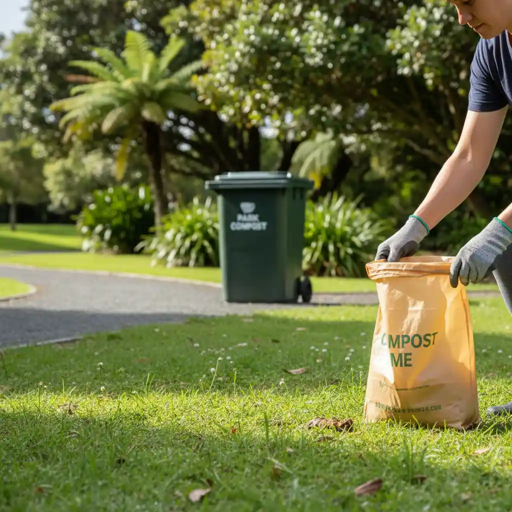 Person picking up dog waste with a compostable bag