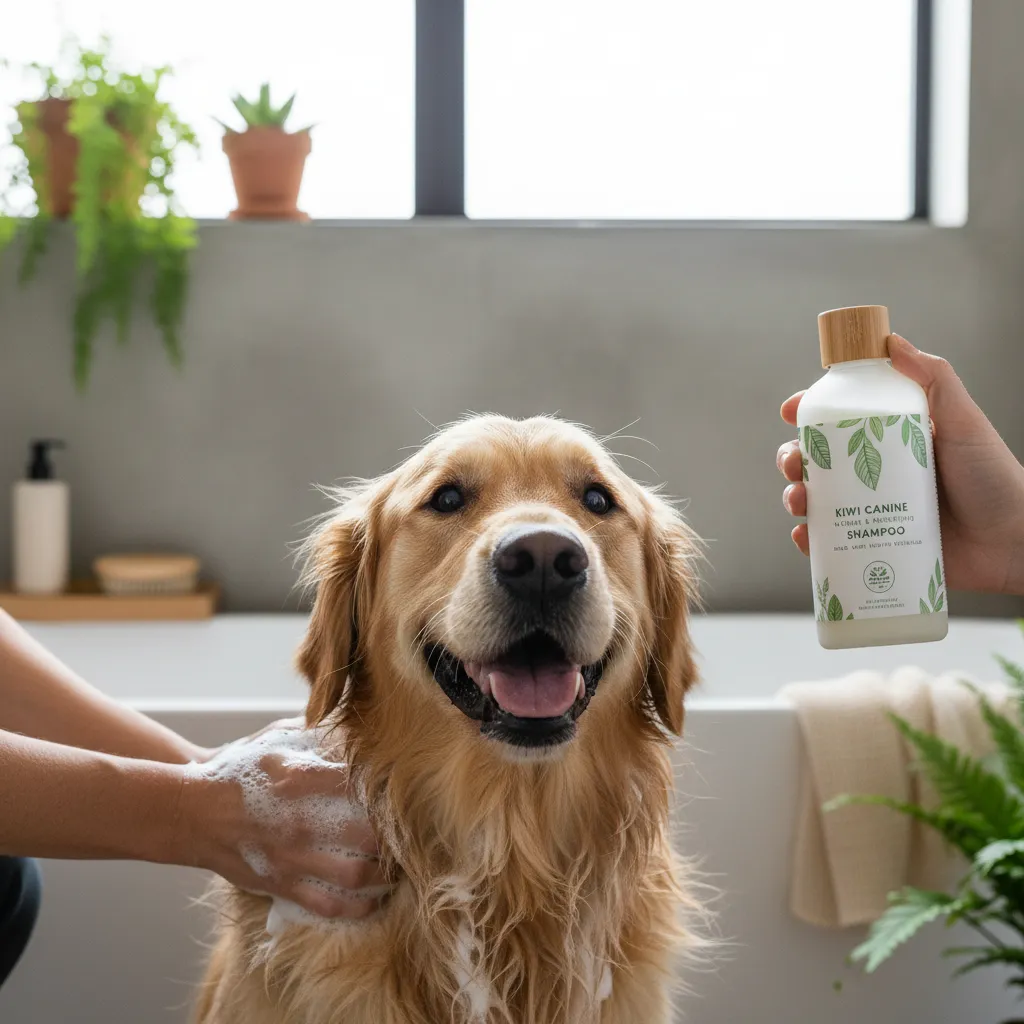 Dog being groomed with eco-friendly shampoo for green pet care