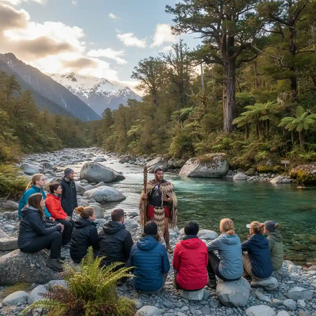 Respectful tourists learning Māori traditions from a local guide