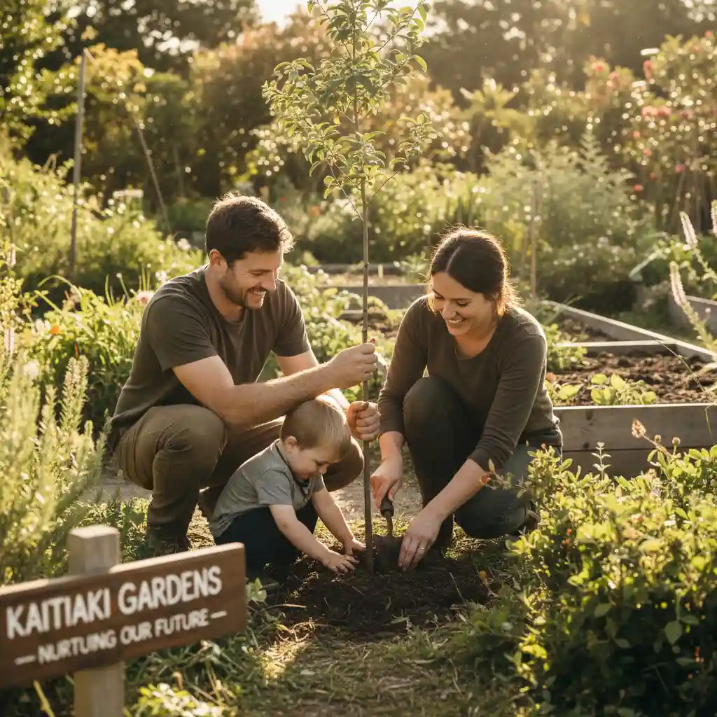 Family engaging in sustainable activity, planting a tree