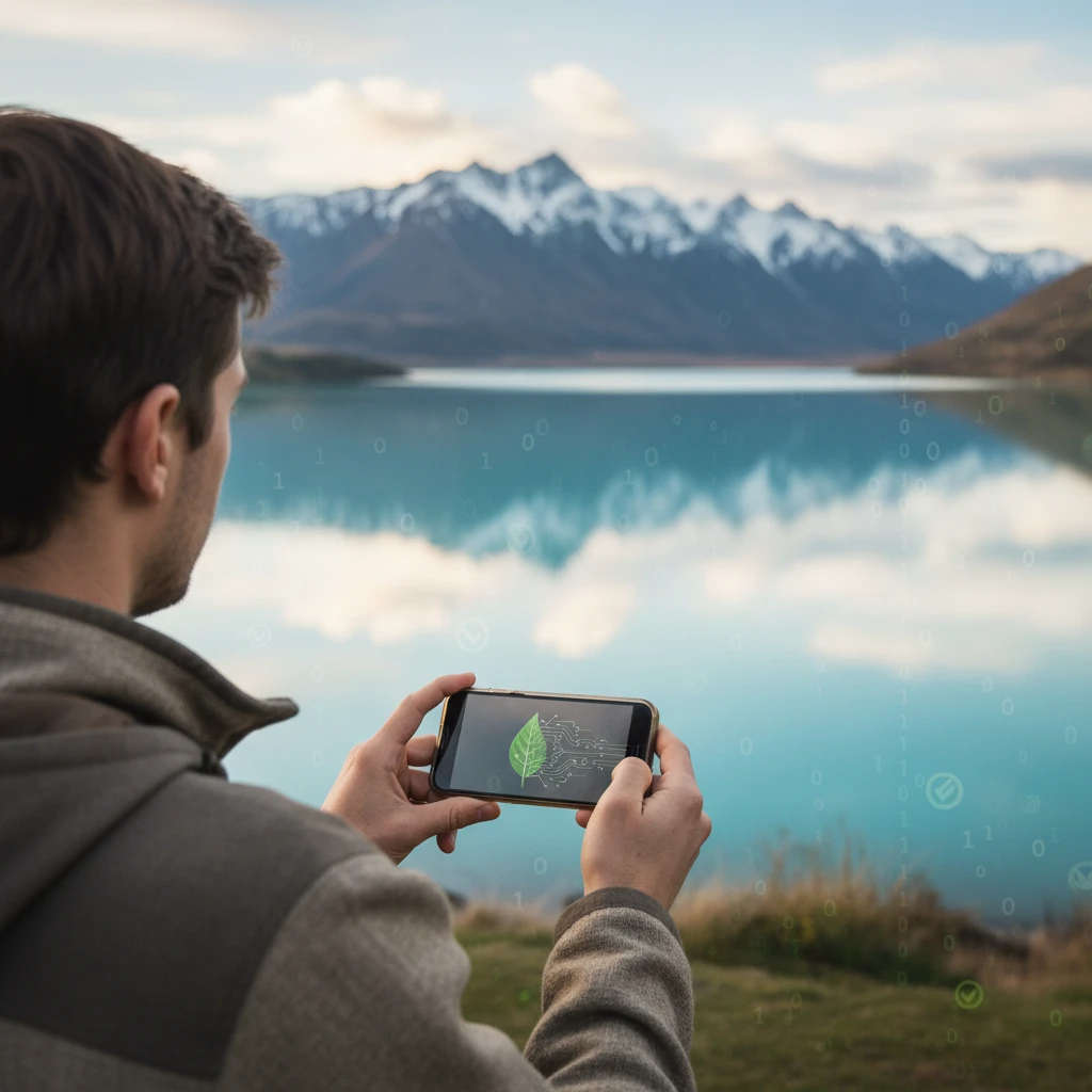 Person balancing smartphone use with natural landscape, depicting mindful screen time
