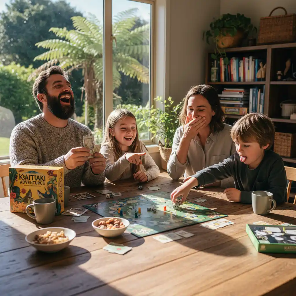 Family enjoying board games together, promoting real-world connection and mindful screen time benefits