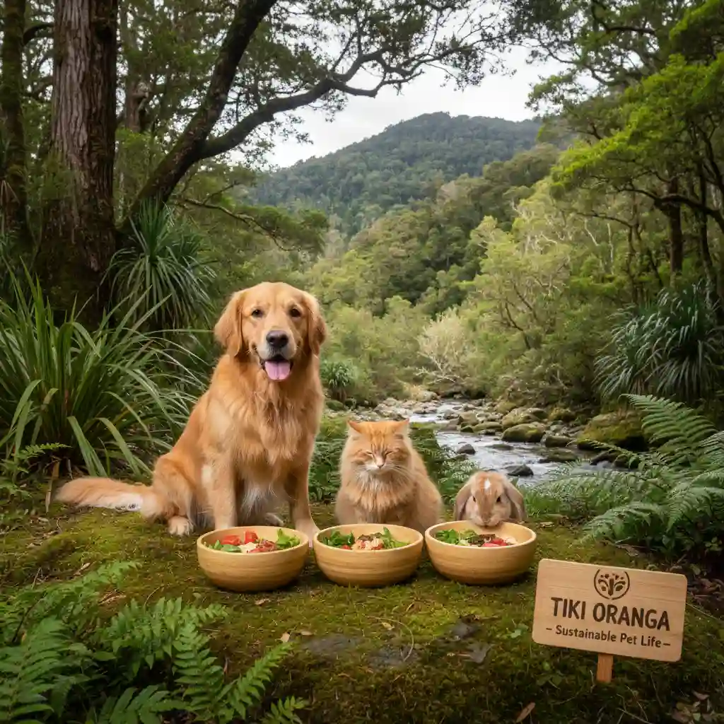 Happy pets eating in a green environment, symbolizing the environmental impact of pet food