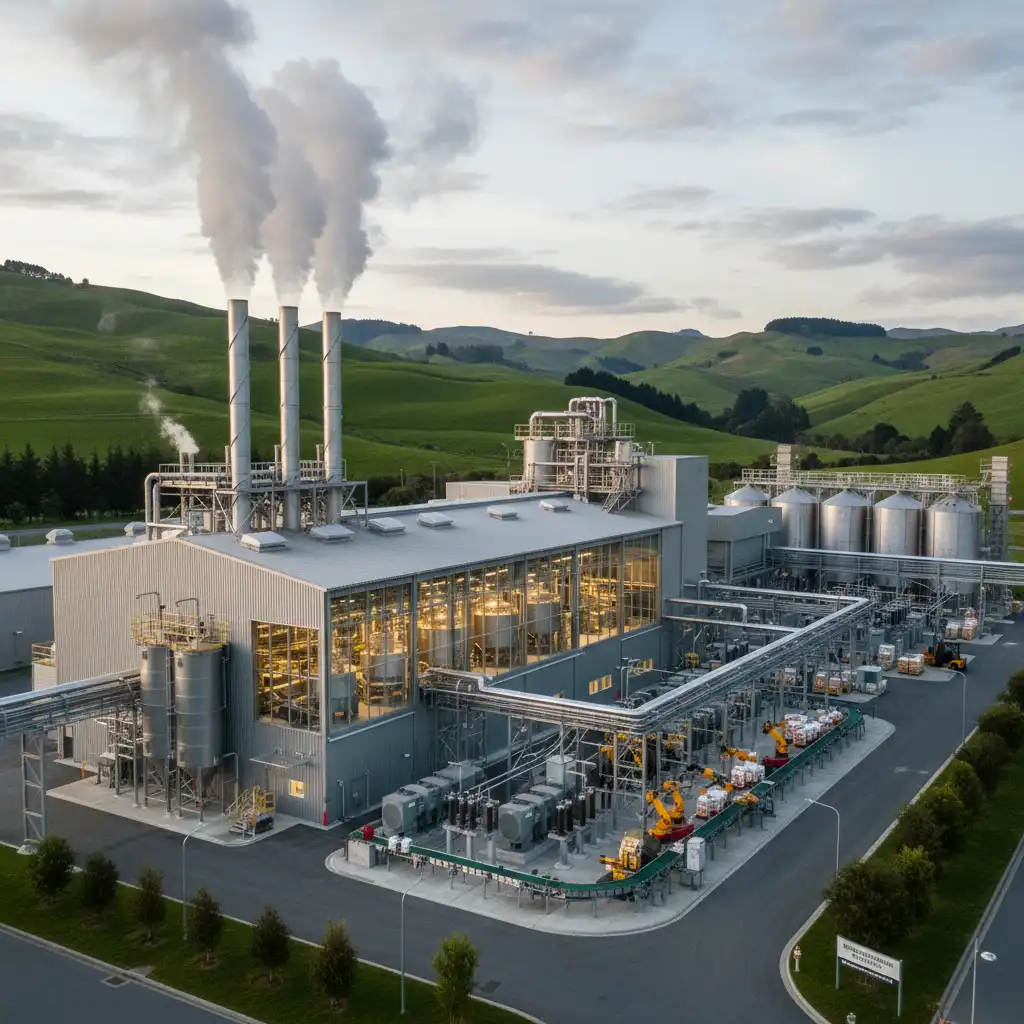 Industrial pet food factory illustrating the environmental impact of traditional pet food production