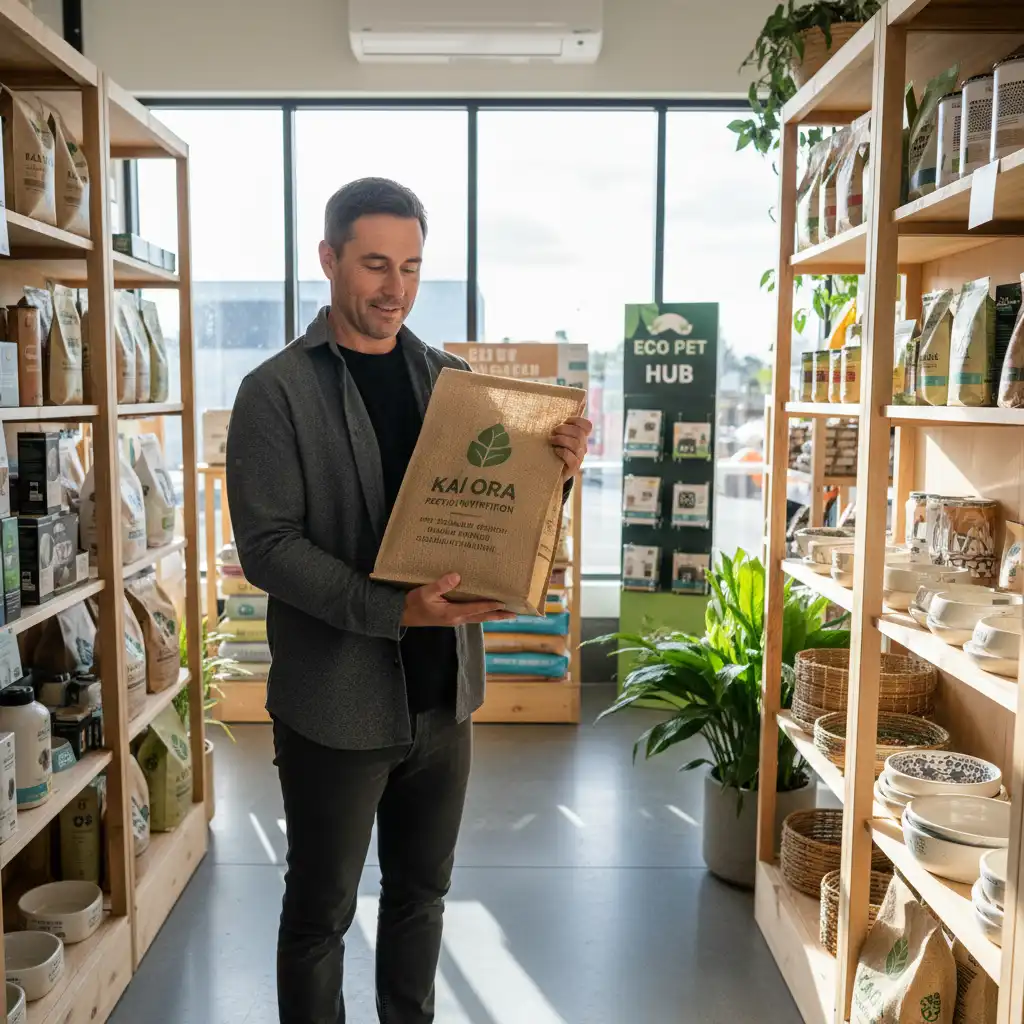 Person selecting sustainable pet food, reducing environmental impact