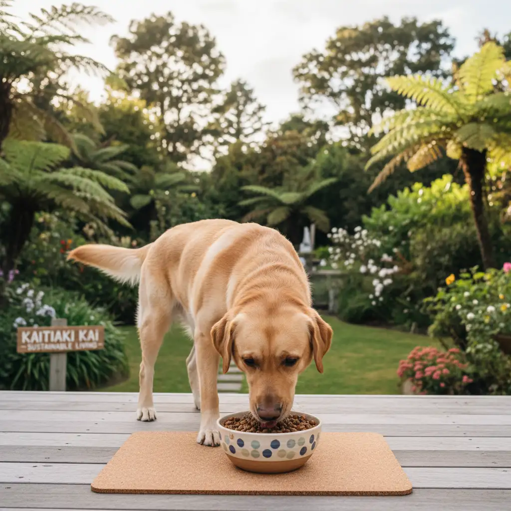 Happy dog eating eco-friendly pet food