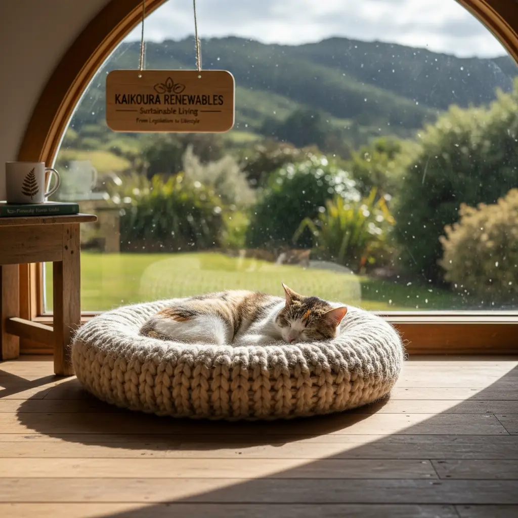 Cat on sustainable wool pet bed