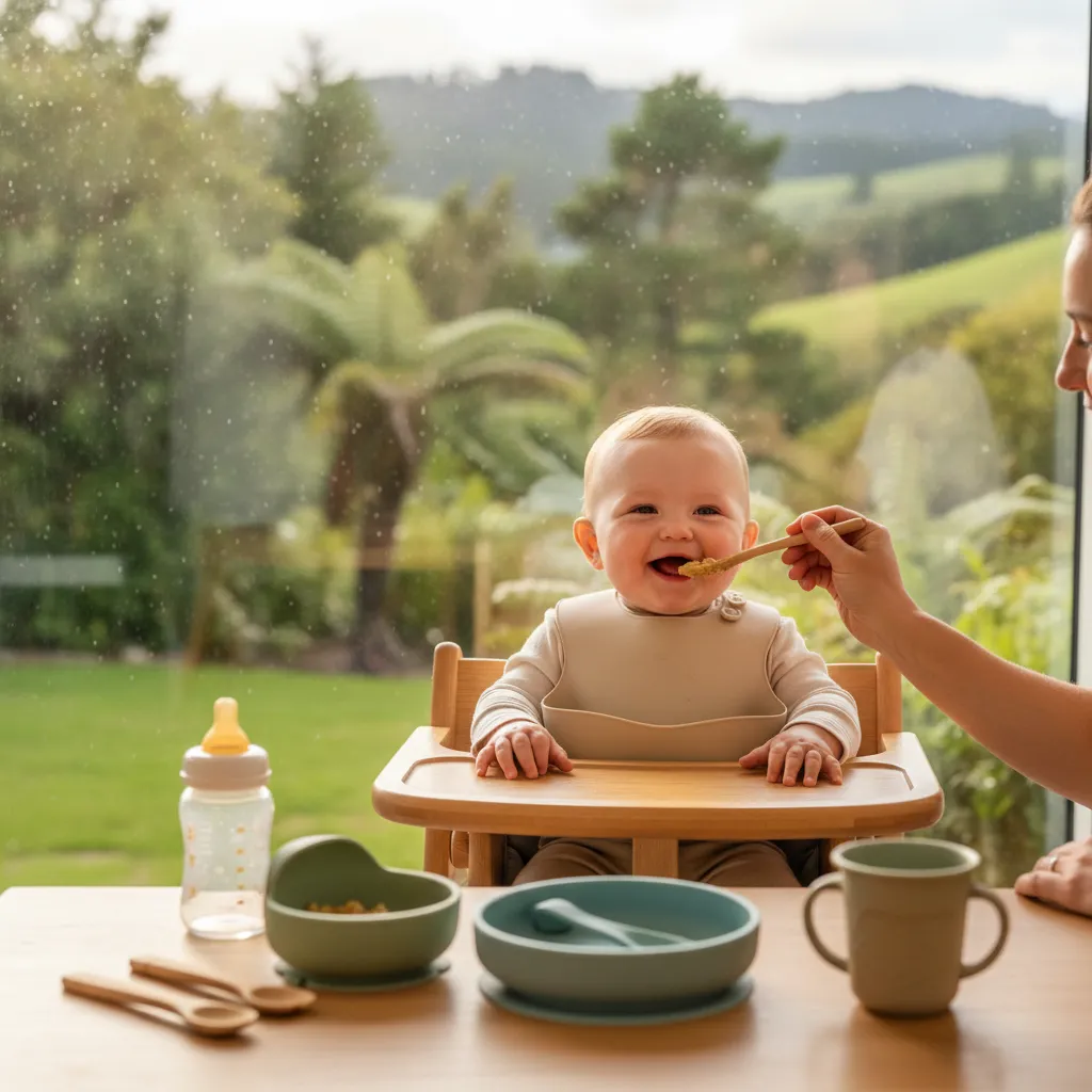 Baby being fed with eco-friendly bottle and utensils
